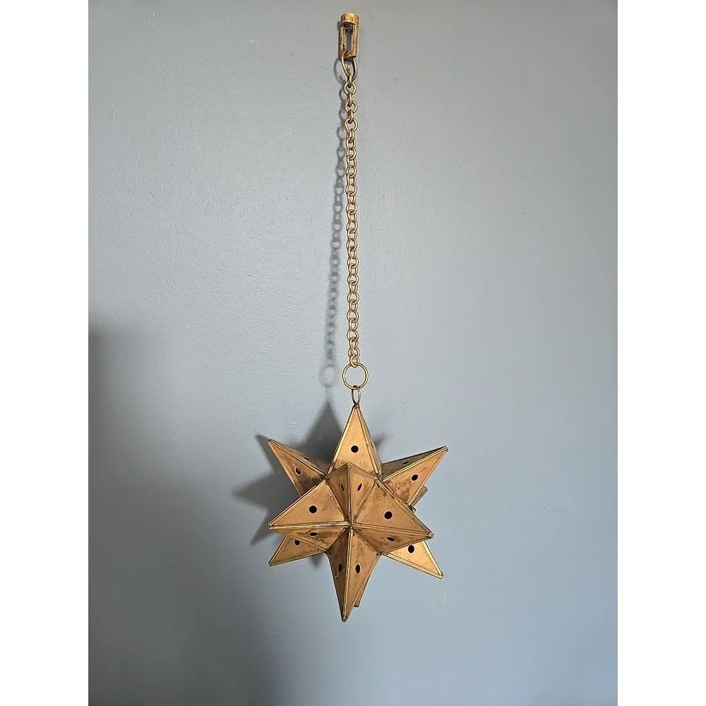 Vtg. Moravian Star Pierced Metal Votive Candle Pendant Hanging Light 6